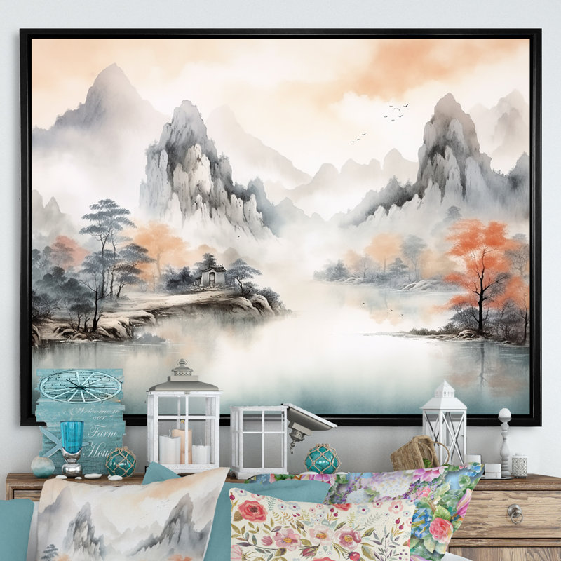 «Grey Tranquil Chinese Landscape Serenity I - China», art mural, Cadre flottant noir, H 44 po x l 34 po x P 1,5 po