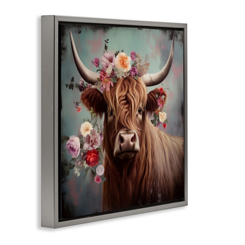 Vache avec fleurs rétro, Cadre flottant gris lustré, H 18 po x l 18 po