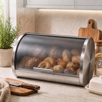 Boîte à pain en acier inoxydable avec couvercle à enroulement transparent, grand récipient de rangement pour le pain, idéal pour le comptoir de la cuisine, peut contenir plusieurs pains, bagels et viennoiseries.