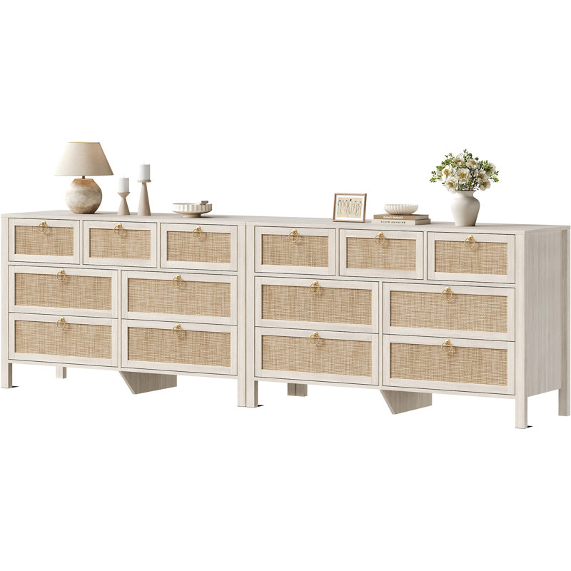 Commode à 7 tiroirs avec poignées dorées et commode de chambre à coucher Boho de 51 po Pomodoro, Chêne blanc crème / or