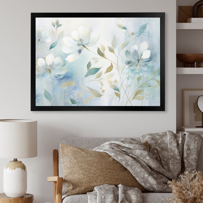 «Blue Botanical Rhythms I», art mural abstrait sur toile, H 12 po x l 20 po x P 1 po, Cadre photo noir