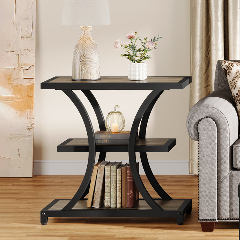  Table de bout à 3 niveaux avec rangement, table d'appoint industrielle avec design géométrique en métal