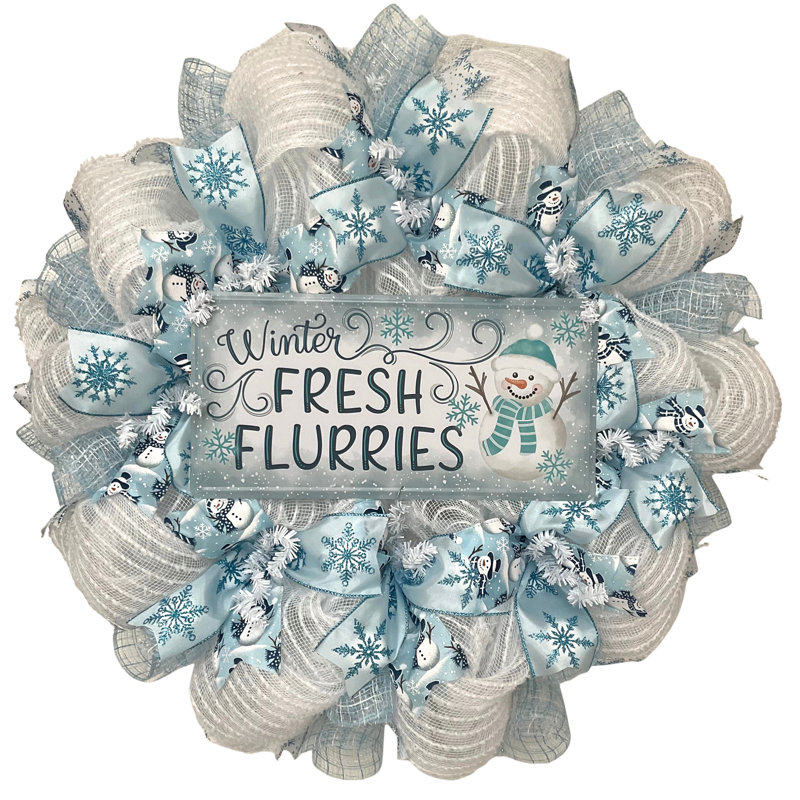 Winter Fresh Flurries Holiday Wreath Handmade Deco Mesh