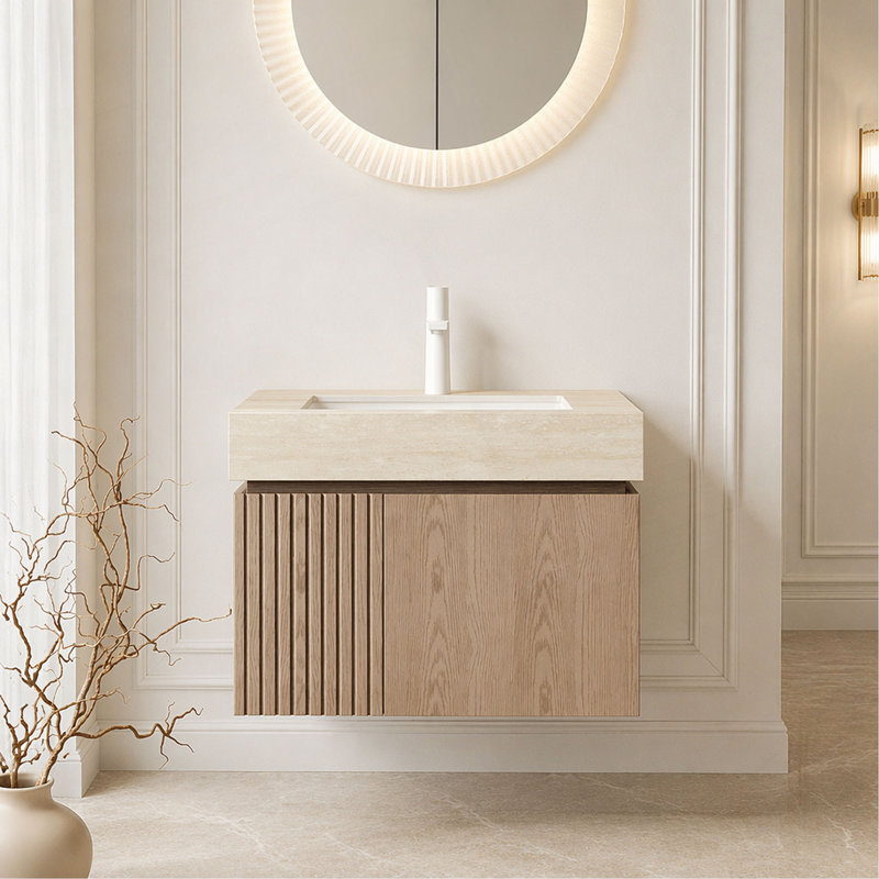 Meuble-lavabo 24 po, meuble-lavabo flottant en contreplaqué avec 2 portes, comptoir en pierre frittée Roma Travertine et lavabo en céramique avec 1 trou de robinet pré-percé, pré-assemblé
