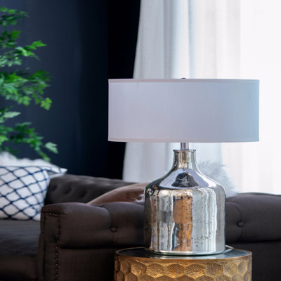 Silver Round Table Lamp With White Fabric Shade
