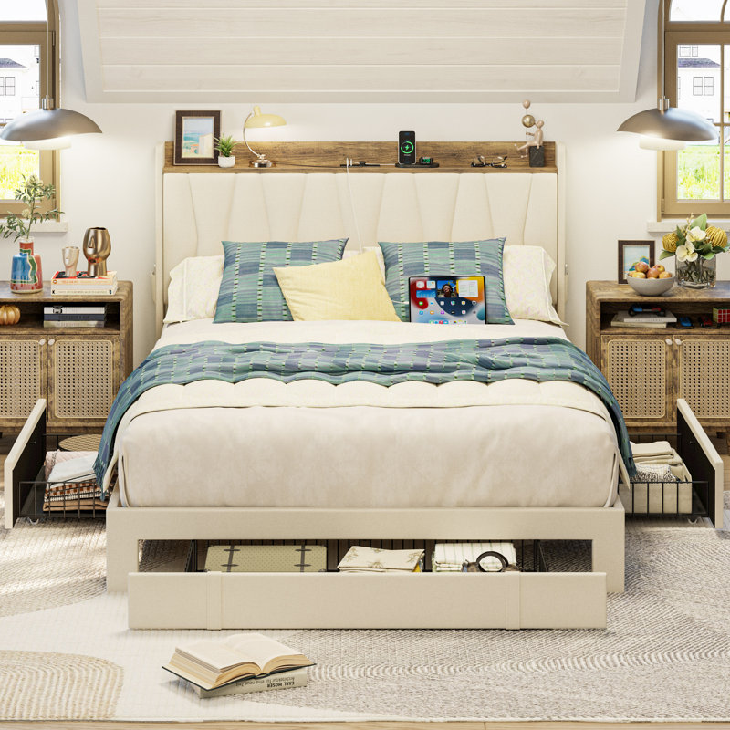 Deilyn Upholstered Bed with Charging Station and 3 Drawers, Full, Beige
