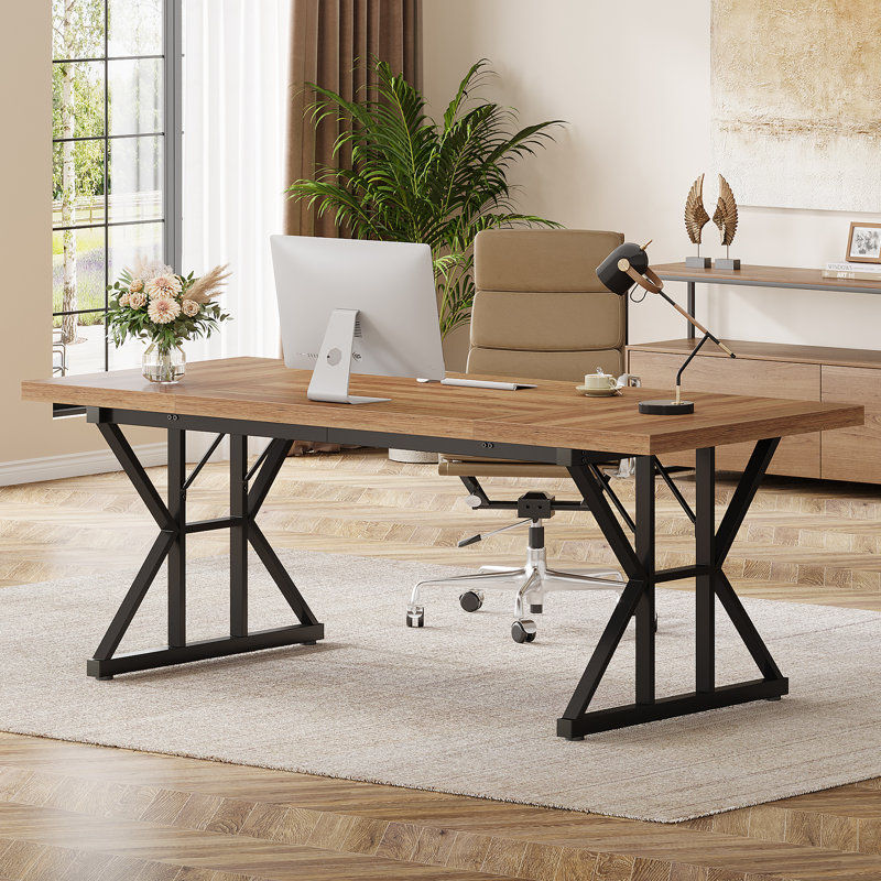 Metal Base Computer Desk, 29.52" H x 70.87" W x 31.49" D, Light Brown/Black