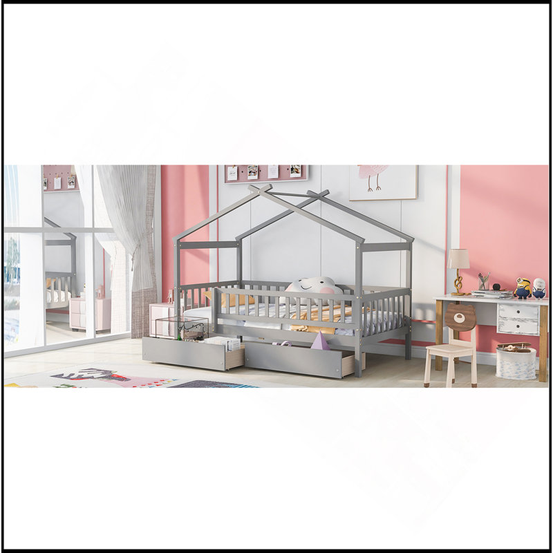 Lit en bois avec deux tiroirs, Gris