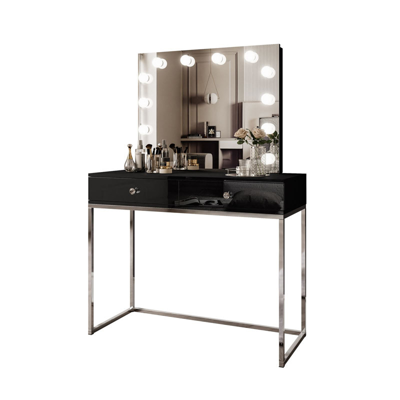 Begie Dressing Table with Mirror, Chrome/White high gloss/White crystal handle
