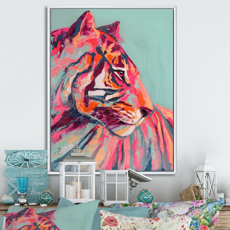 «Pink Tiger Eye Paint Stroke Art VII», art mural animaux, H 12 po x l 8 po, Reproduction avec cadre flottant, Blanc