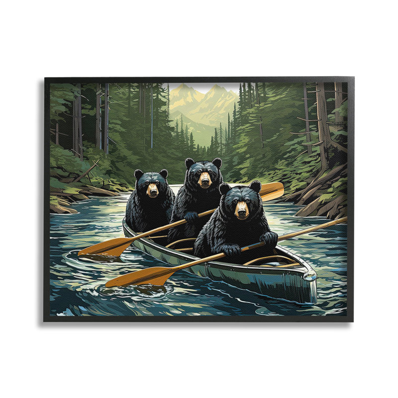 «Woodland Canoeing Bears», art de la giclée encadrée par Jim Baldwin, H 24 po x l 30 po, Giclée encadrée noir minuit