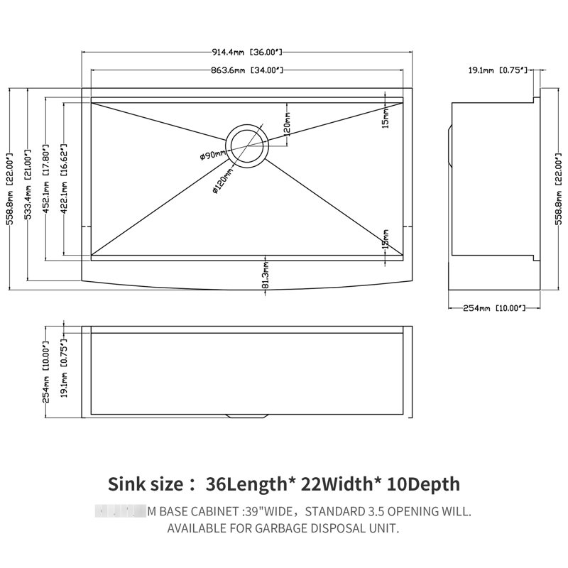 Évier de cuisine 36 po: acier inoxydable 36 x 22 x 10 po, coussin insonorisant pour tablier silencieux
