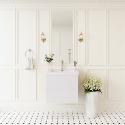Meuble-lavabo mural moderne 24 po avec lavabo, tiroirs à fermeture en douceur, blanc brillant, faible coût d'entretien