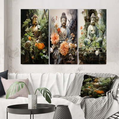 " Green Buddhist Art Buddhas Serene " 3 - Pieces