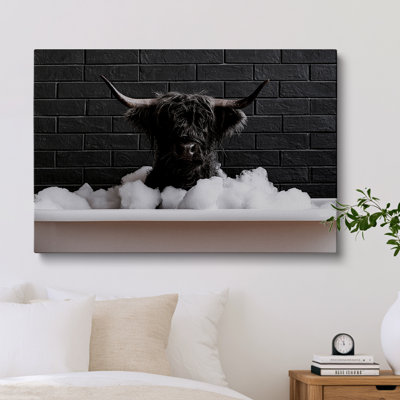Rustic Farmhouse Black Highland Cow Bathtub Canvas Wall Art Graphic Print 16x12 Inch - Bathroom Decor