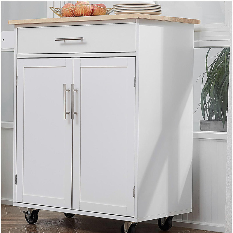 Kitchen Island Cart Rolling Cart with Drawer, Storage Cabinet, and Towel Rack, White, White