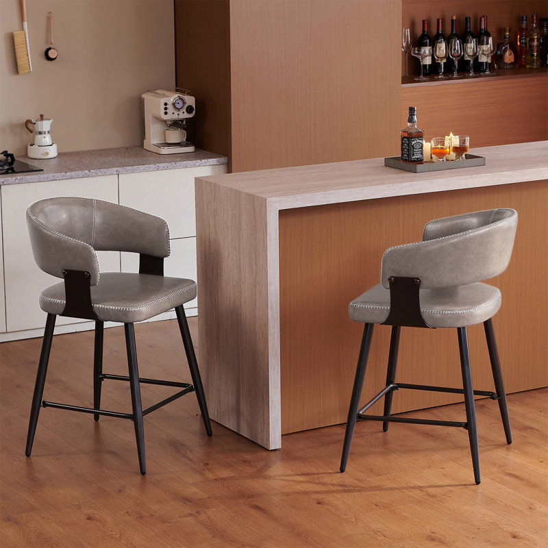 Tabourets de bar modernes en similicuir de 25,6 po, chaises de bar Mid-Century pour la cuisine et la salle à manger, Grey, 2