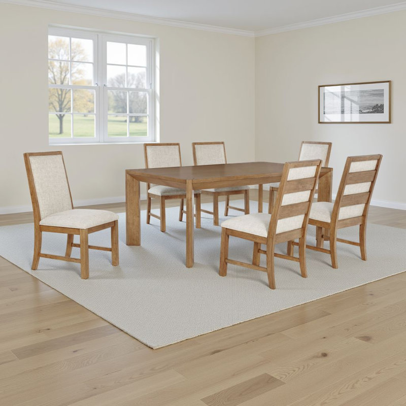 Ensemble de table de salle à manger Rune, placage brun naturel, chaises grises avoine, 7 Pieces: Table, 6 Chairs