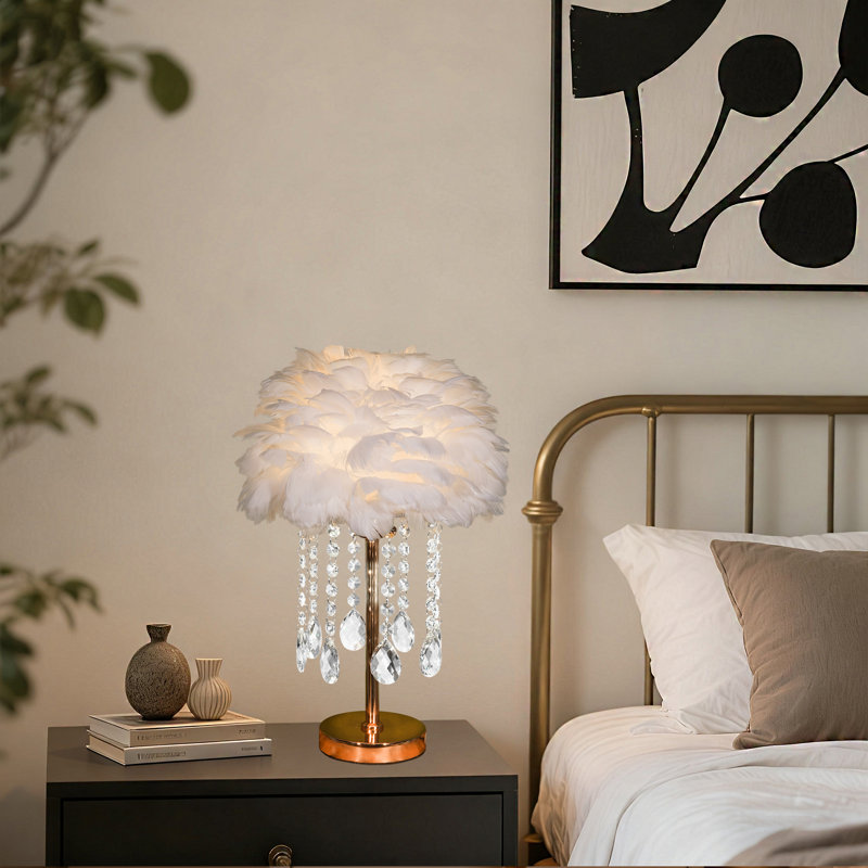 Feather Decorative Table Lamp With Gold Base, 3-color Light Bulb & Button Switch, White