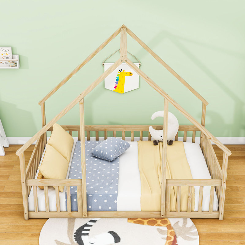 Lit sur pied en bois avec garde-corps, Naturel, Double