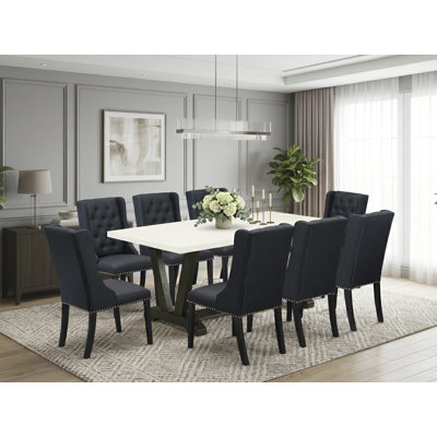 Ensemble de salle à manger 9 pièces - 8 boutons de chaise rembourrés en tissu de lin noir capitonnés avec des têtes de clous et une table de cuisine en lin blanc - finition noire brossée