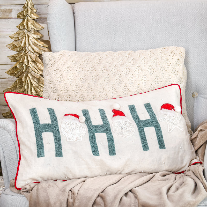 14"x26" White and Green Embroidered Holiday Throw Pillow