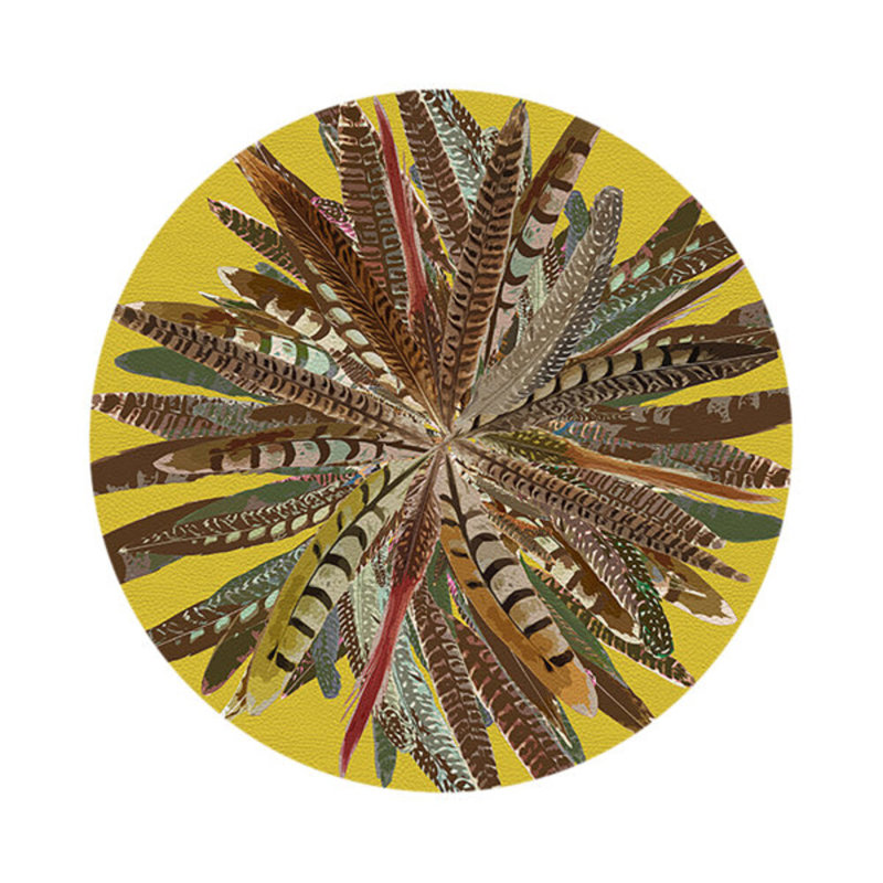 Pheasant Feathers Vegan Leather Round Pebble Placemat, Yellow