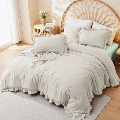 Ensemble d'édredon grand en lin gris, ensemble d'édredon 3 pièces à volants Farmhouse Aesthetic, ensemble de lit en microfibre douce et légère toutes saisons