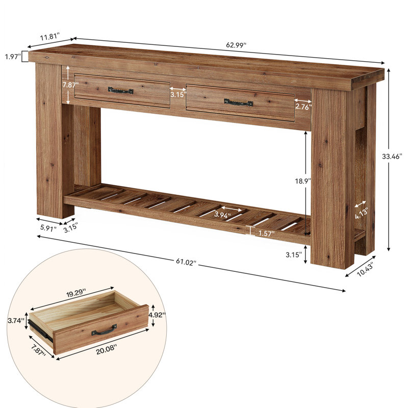 63-Inch Solid Wood Entryway Sofa Table with 2 Drawers