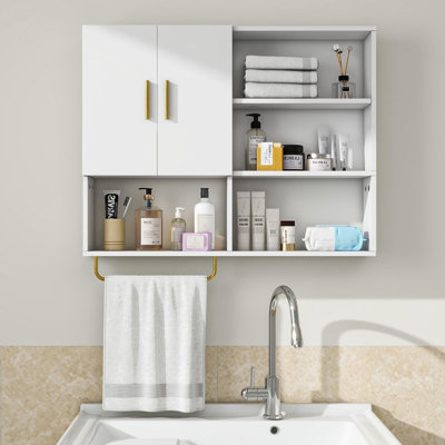 Armoire de salle de bain murale - blanc - bois, grande armoire à pharmacie murale, 2 portes, 4 tablettes ouvertes, rangement au-dessus de la toilette, barre à serviettes, organisateur de salle de bain