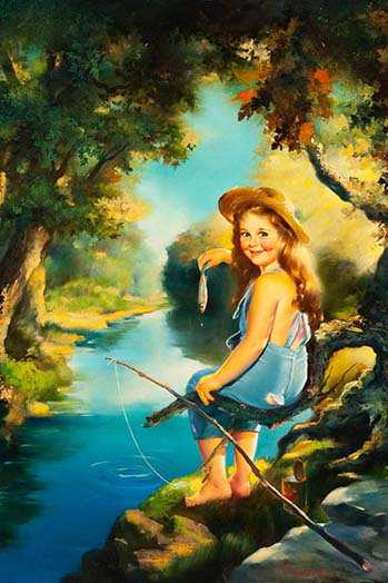 « petite fille fishing »-impression d’art graphique, H 36 po x l 24 po x P 1,5 po