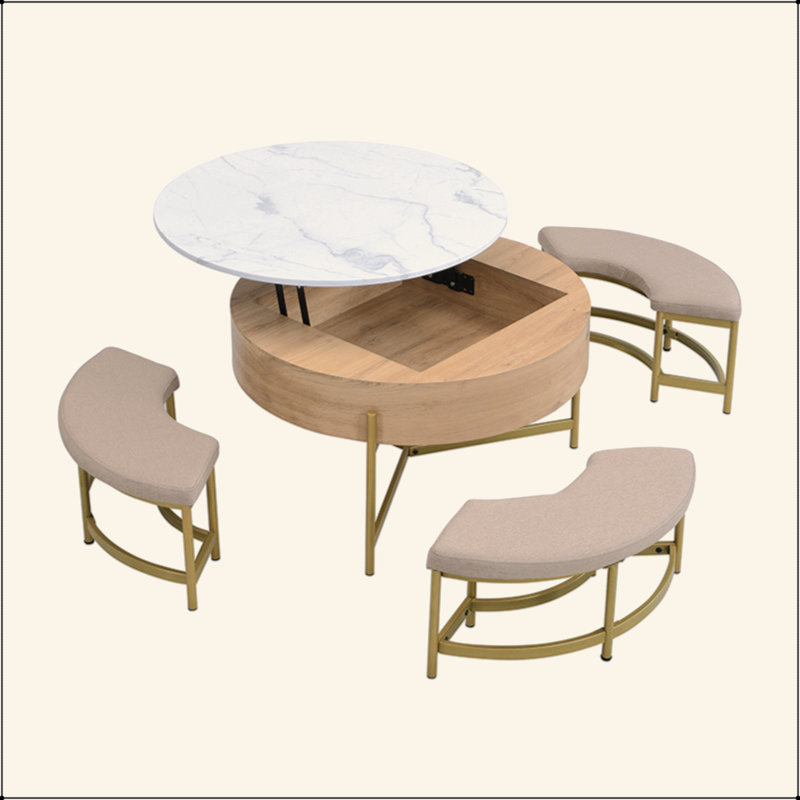 Table basse à plateau relevable en MDF avec rangement et 3 repose-pieds - Conception moderne peu encombrante pour le salon