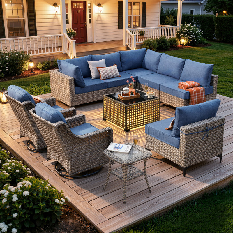 10- Piece Outdoor Patio Furniture Set, All - Weather Wicker Swivel Chairs with Thick Padded Cushions, Sectional Sofa, Coffee Table & Side Table for Garden, Backyard & Patio