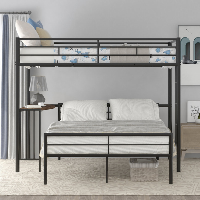 Lit superposé simple au-dessus d'un lit double en métal avec bureau, noir moderne