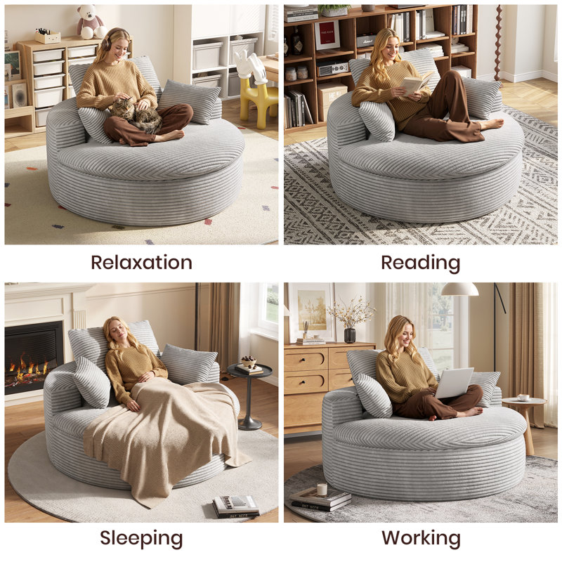 Boneless 59" Oversized Round Corduroy Chaise Lounge Chair, Double-layer Upholstered Cushion Sofa Bed With 2 Throw Pillows & Back Pillow For Living Room, No Assembly Required