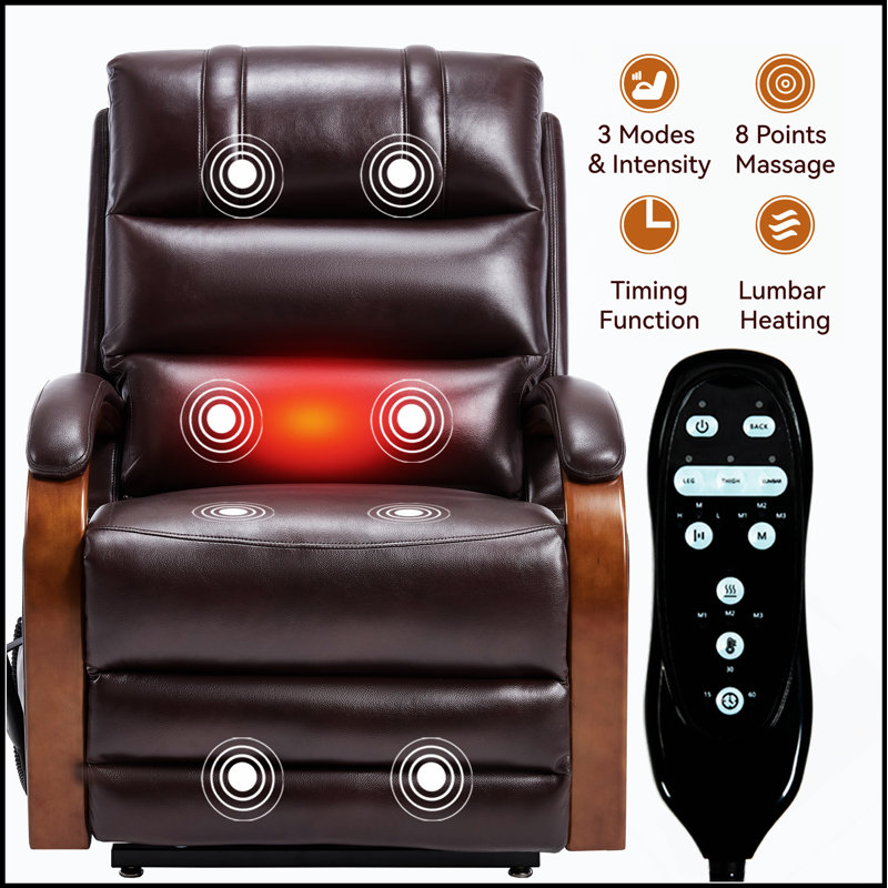 Power Leatheraire Lift Recliner Chair Dual Motor Infinite Position Up To 350 LBS With Solid Wood Armrests, Heat Massage And Heavy Duty Motion Mechanism