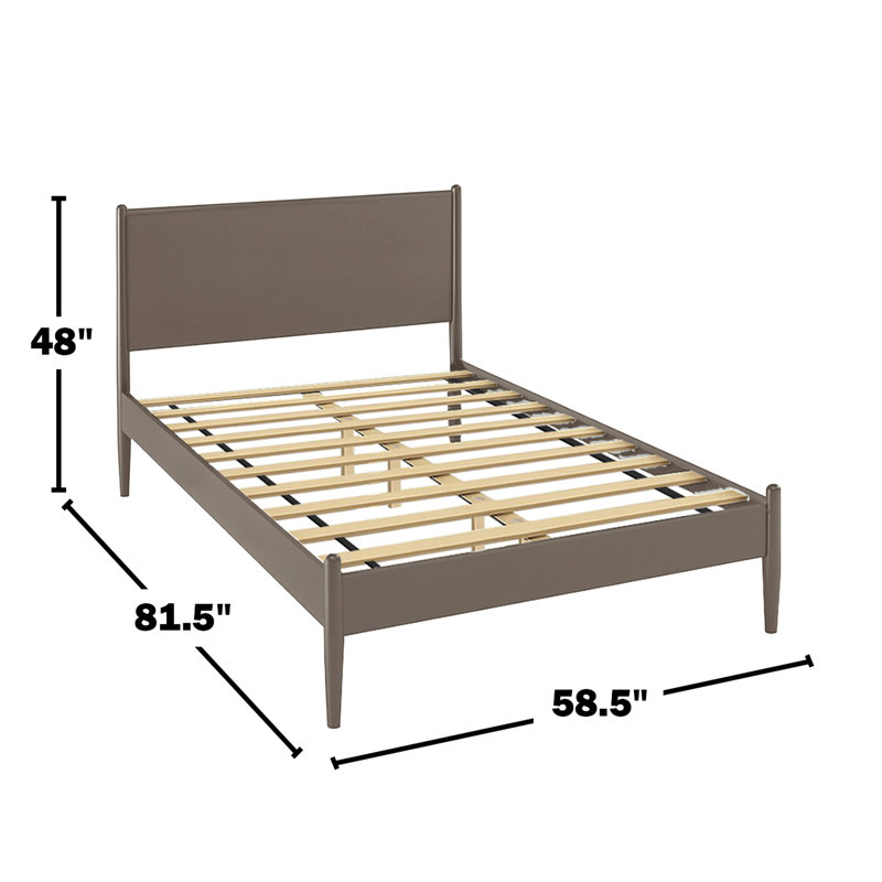 Lit plateforme gris Mid-Century moderne, structure en bois d'ingénierie, pieds fuselés ronds, ensemble de lattes, sommier sans sommier nécessaire pour la chambre à coucher