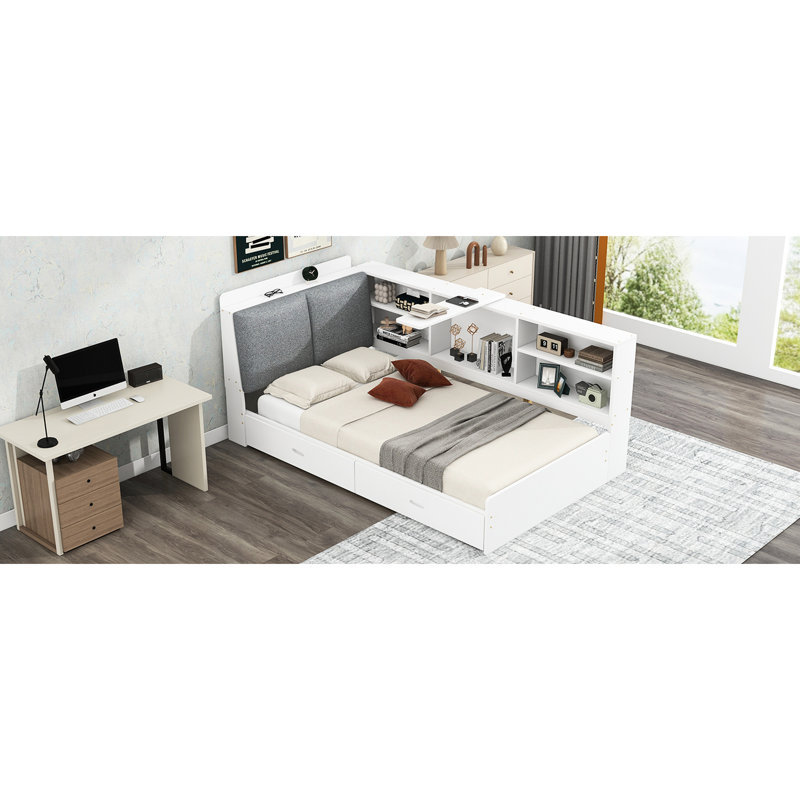 Lit plateforme simple en bois blanc avec tête de lit avec rangement, 2 tiroirs, tablettes pratiques pour le rangement dans la chambre à coucher