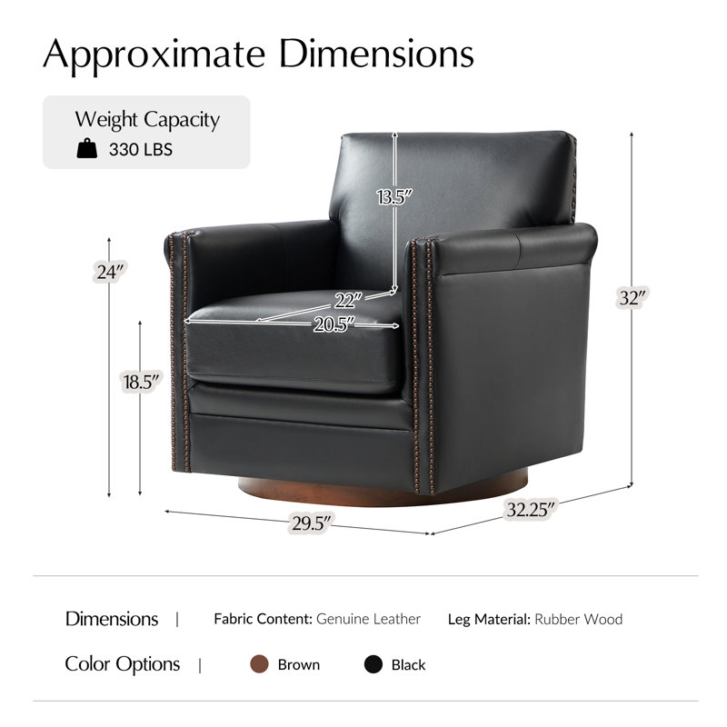 Chaise pivotante en cuir véritable de 29,5 po avec base en bois massif Dyal (ensemble de 2), Cuir véritable noir
