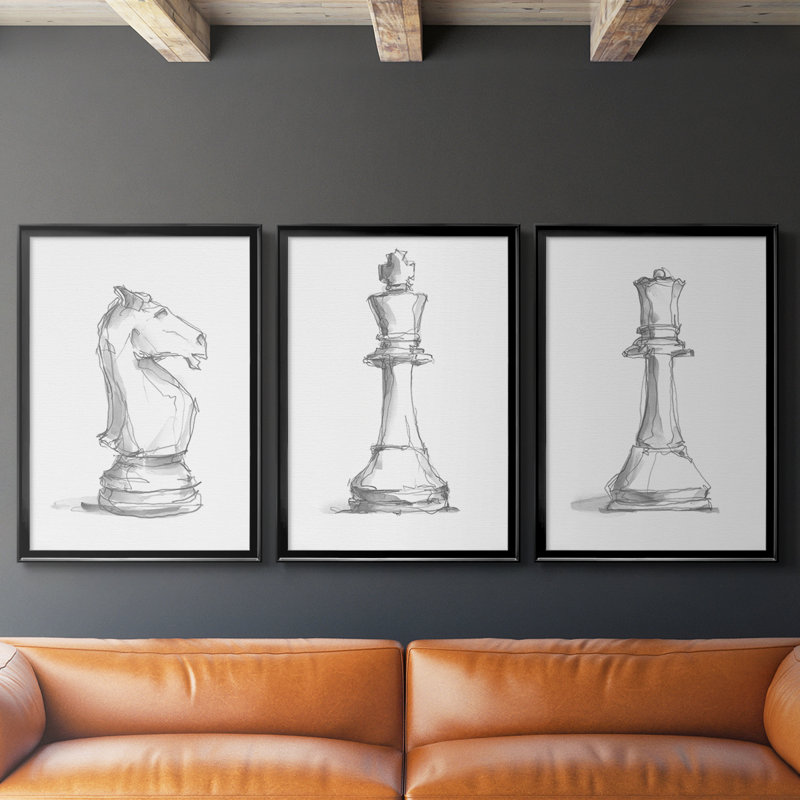 Chess Room Study I - Toile tendue avec châssis sur mesure - 3 pièces, Noir, noir, noir, noir, H 30 po x l 63 po
