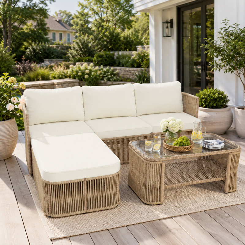 Ensemble de conversation en osier pour l'extérieur avec table basse et coussins pour le jardin