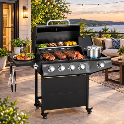 50,000 Btu Gas Grill, 4 Burner Bbq Propane Gas Grill With Side Burner And Stainless Steel Grates,easy-clean Grease For Patio, Camping, Outdoor Cooking
