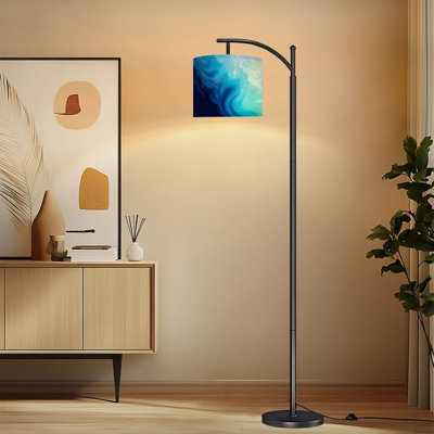 Arc Floor Lamp with Adjustable Lampshade Blue Teal Ocean Wave Sea Nautical Beach Abstract Modern Seaside Standing Lamp 3 Color Temperatures Dimmable Tall Pole Lamp with Foot Switch for Bedroom