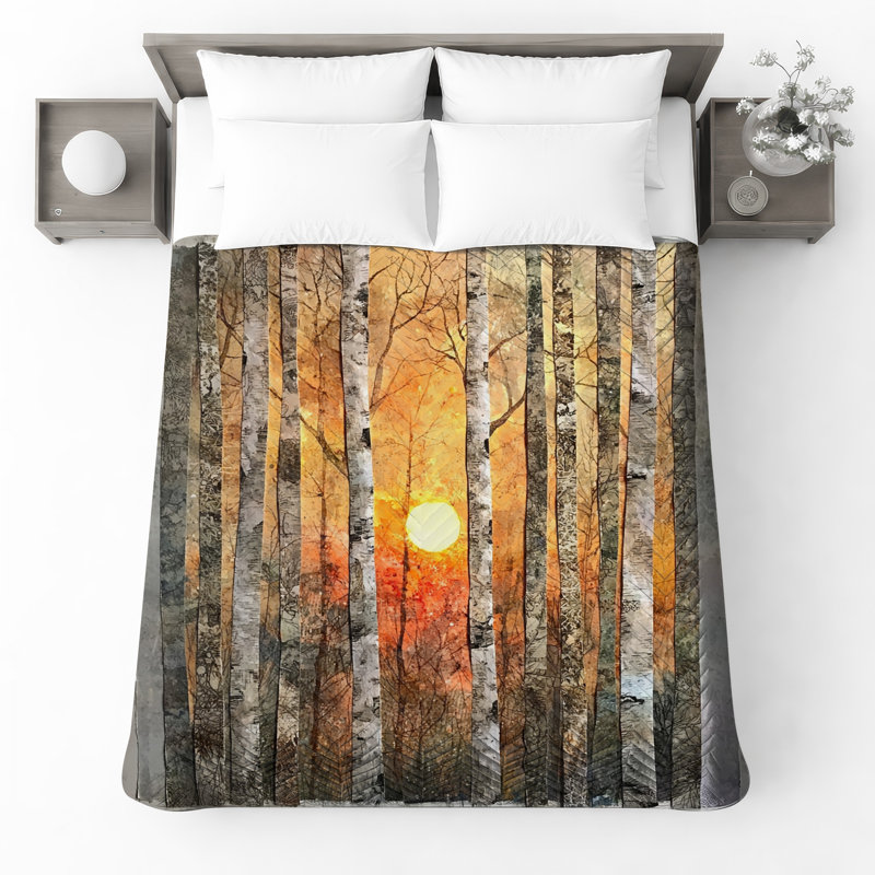 Birch Trees Sunset Bedding Sunset Bedspread Nature, Full / Double