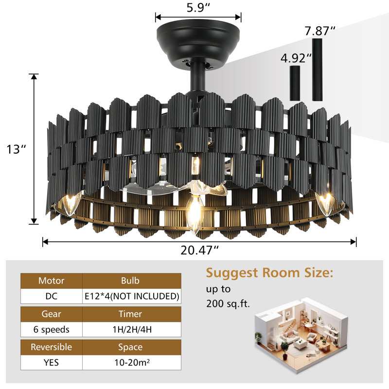 Ventilateur de plafond 20,47 po avec pales réversibles et télécommande, 13,8 po de largeur
