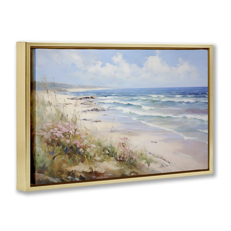 «Summer Coastal Waves», toile flottante encadrée par Franklyn Gregory, H 21 po x l 31 po, Cadre flottant métallique doré