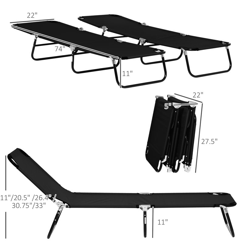 Folding Beachside Chaise Lounge Chairs, 5 Levels Back, Steel Frame For Sun Tanning, Yard, Patio, Black 2 Piece Patio Chairs Sunbathing, 5-Level Adjustable Reclining, Beach,