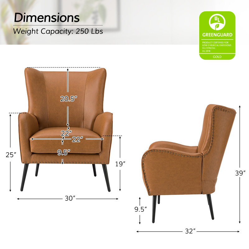 Ebbert 30" W Faux Leather Wingback Armchair with Nailhead Trim, Camel Faux Leather