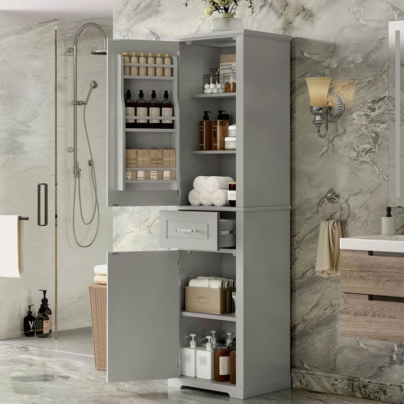 Tall Bathroom Storage Cabinet, Freestanding Storage Cabinet With Two Different Size Doors And Adjustable Shelf, Door Shelve Design, MDF Board With Painted Finish