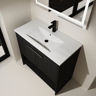 Meuble-lavabo autoportant de 30 po et lavabo en céramique. 2 portes à fermeture douce. Fabrication en contreplaqué de chêne noir. Tendance fiable. Facile à assembler. Bassin fascinant. Armoire de conception américaine avec